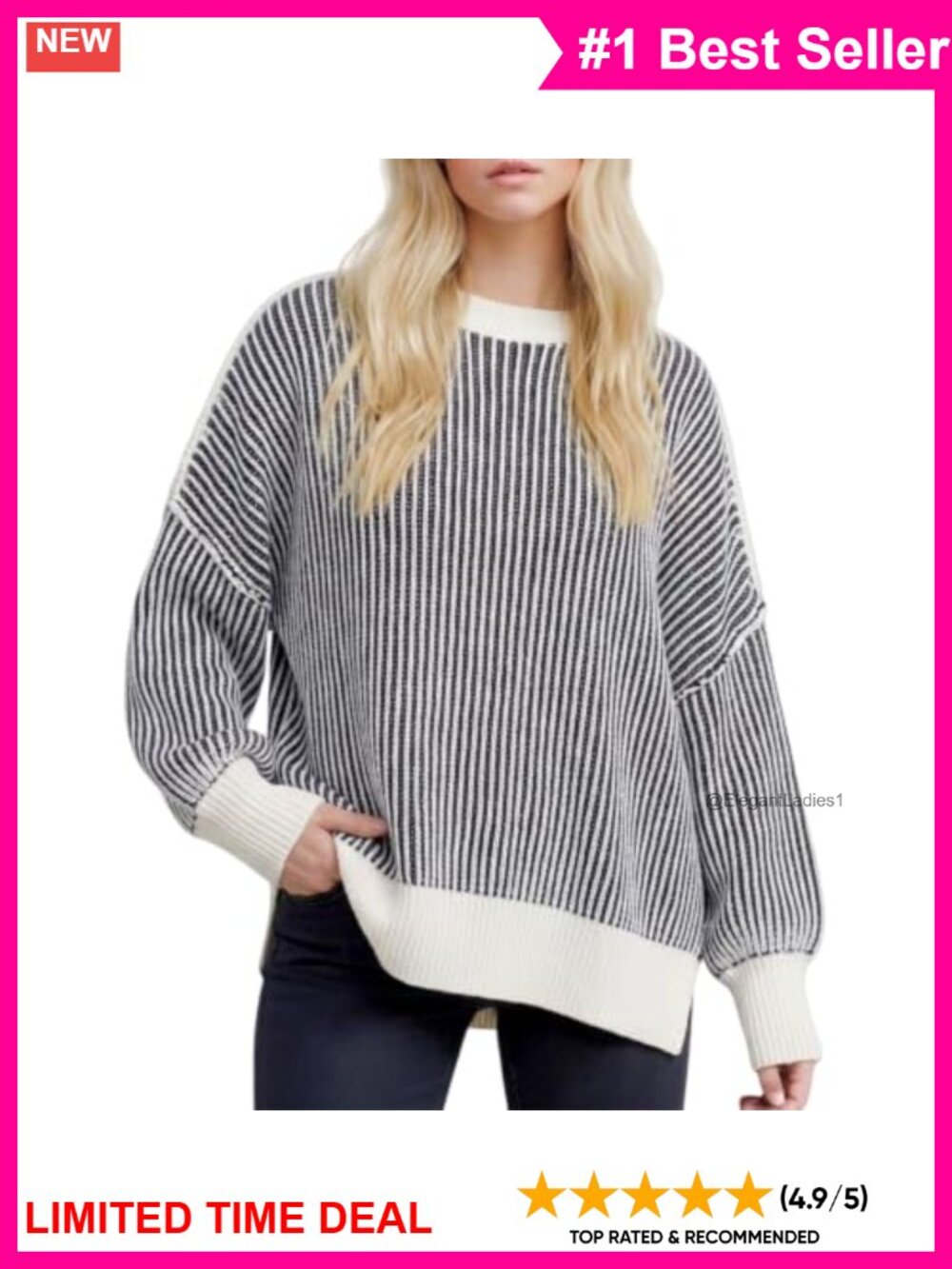 Oversized Knit Sweater Long Sleeve Pullover with Ribbed Cuffs Side Slits